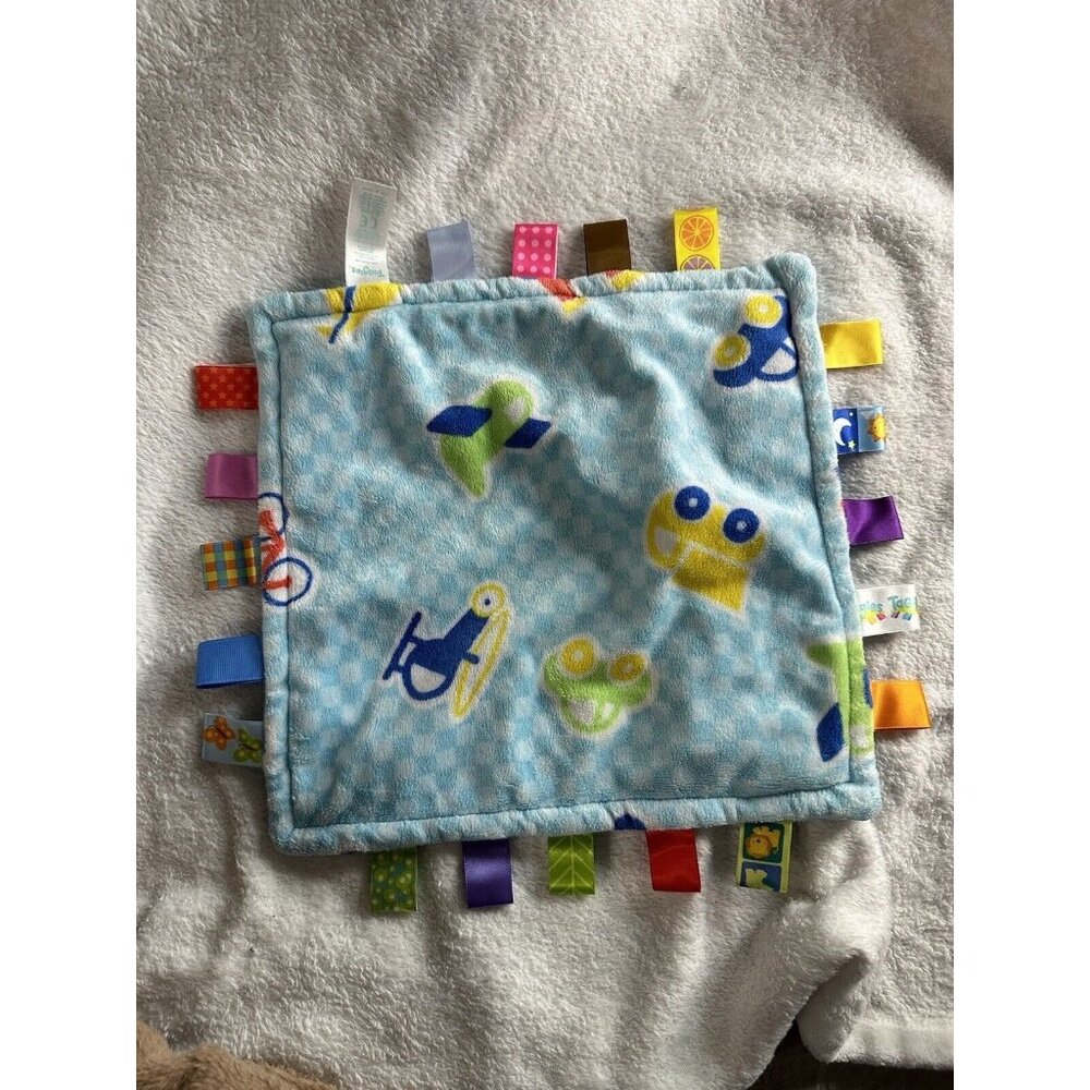 Taggies Blue Baby Security Blanket Lovey Helicopter Plane Bike Boat Train‎ Plaid